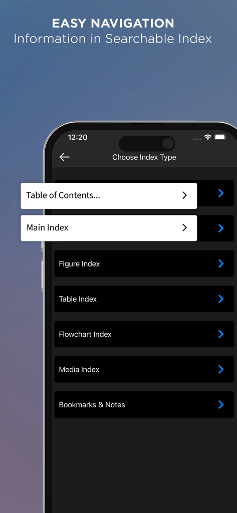 Interface of the CMDT 2025 medical app showing searchable index navigation options including Table of Contents and Main Index.