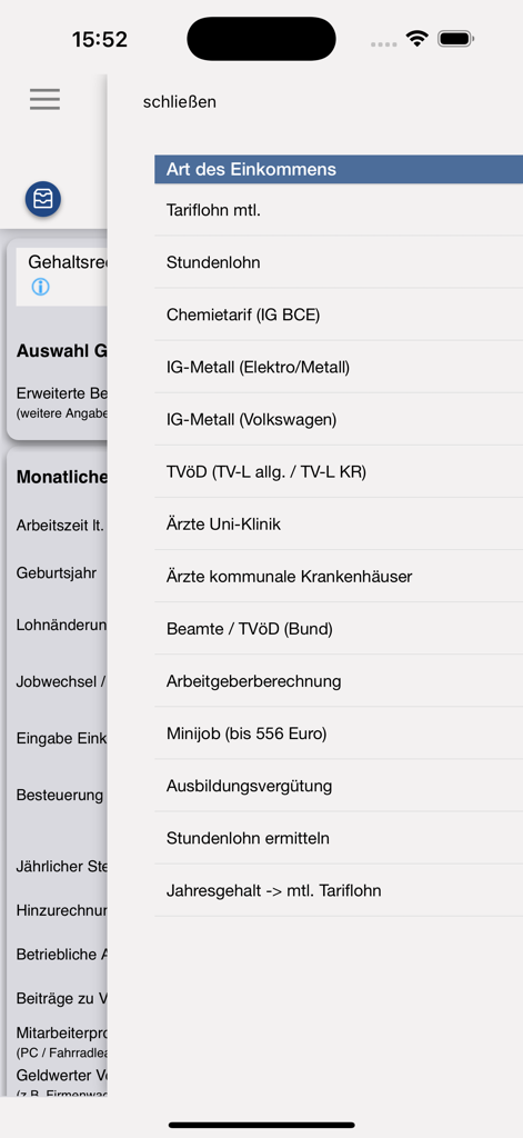 DER Gehaltsrechner - Uma lista de tipos de renda em alemão, incluindo tarifas IG Metall e TVoeD dentro do aplicativo móvel DER Gehaltsrechner.