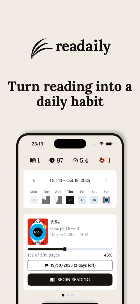 Readaily — Book Reading Habit - Readaily app interface displaying reading progress and daily habit statistics