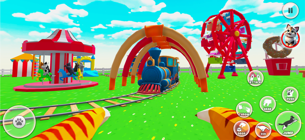Annoying Pet Game 3D - Vista en primera persona de un gato en una colorida feria 3D con un tren y una noria