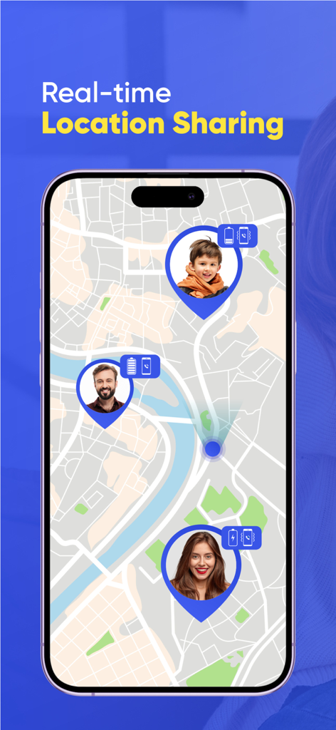 GPS Phone Location Tracker - Real-time location sharing map showing positions of family members in the Locato app