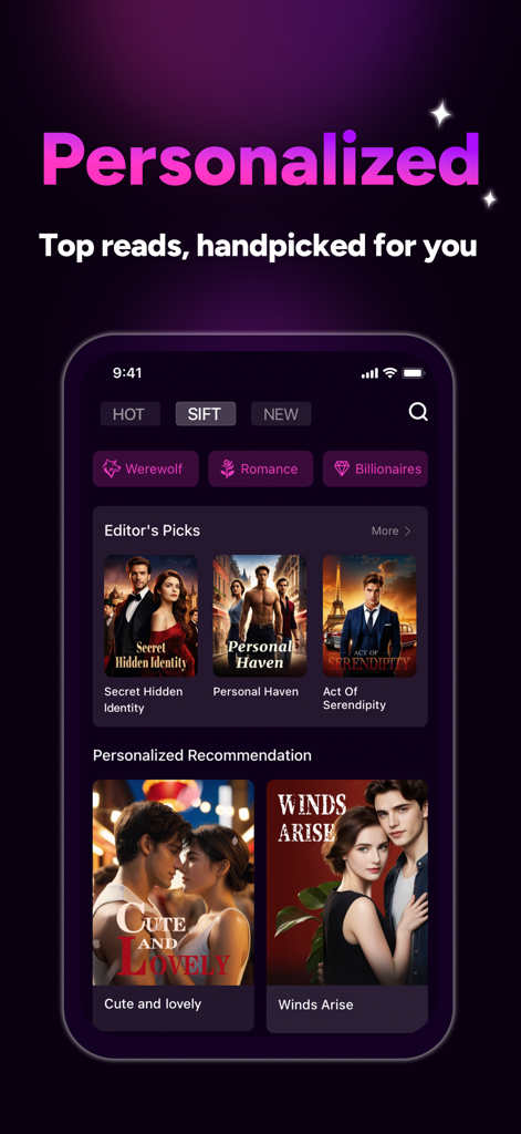 Mumu: Premium Novels & Stories - Interface of the Mumu app showing personalized novel recommendations and genres like Werewolf and Romance.