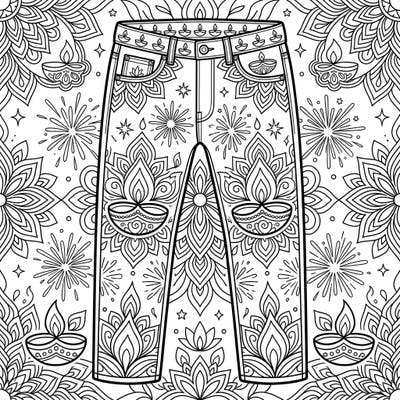 Unleash your creativity with this one-of-a-kind coloring page featuring men's jeans beautifully decorated with Diwali festive elements. Immerse yourself in a world of intricate rangoli, glowing diyas, and sparkling fireworks, ready for your vibrant touch.