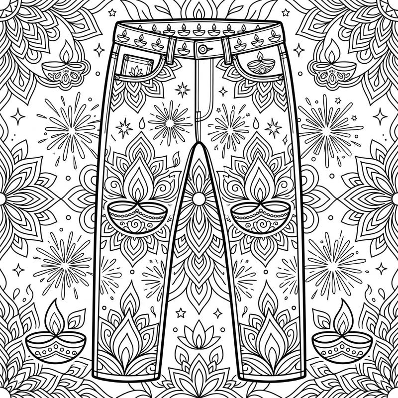 Unleash your creativity with this one-of-a-kind coloring page featuring men's jeans beautifully decorated with Diwali festive elements. Immerse yourself in a world of intricate rangoli, glowing diyas, and sparkling fireworks, ready for your vibrant touch.