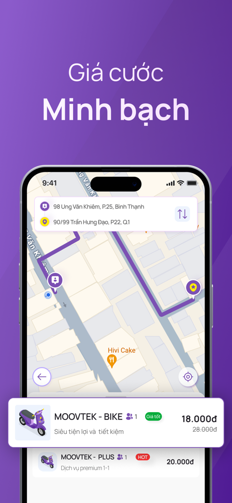 MOOVTEK - Interfaz de la aplicación MOOVTEK mostrando una ruta de mapa con precios transparentes para servicios de viaje en bicicleta en vietnamita