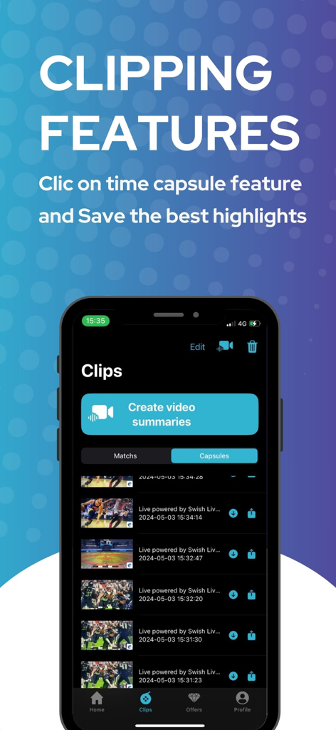 Interfaccia dell'app Swish Live che mostra le funzionalità di ritaglio video e riassunto dei momenti salienti