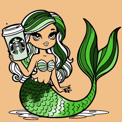 a mermaid with a starbuks coffee cup