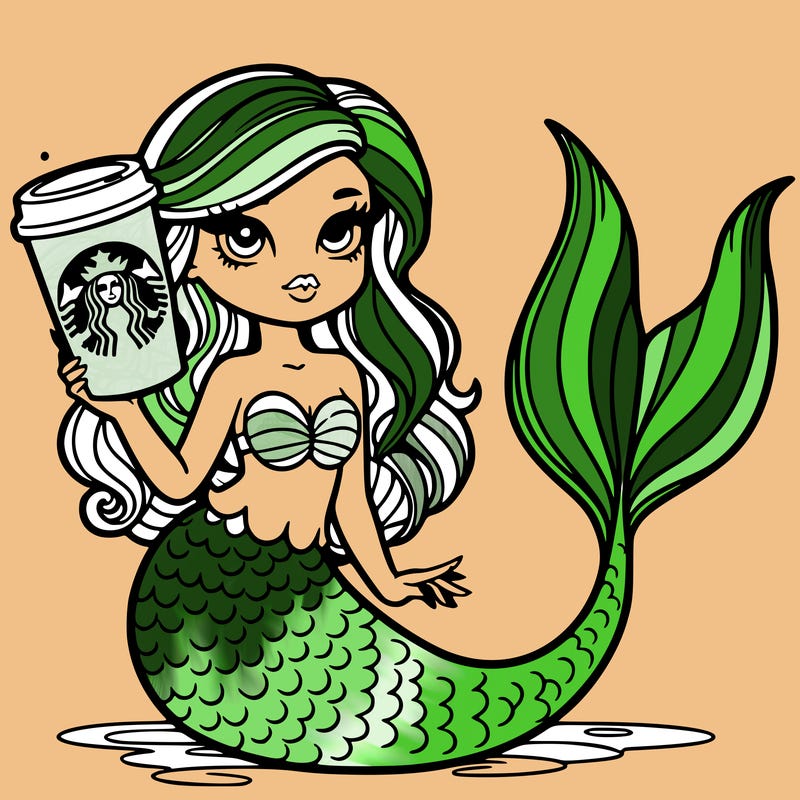a mermaid with a starbuks coffee cup