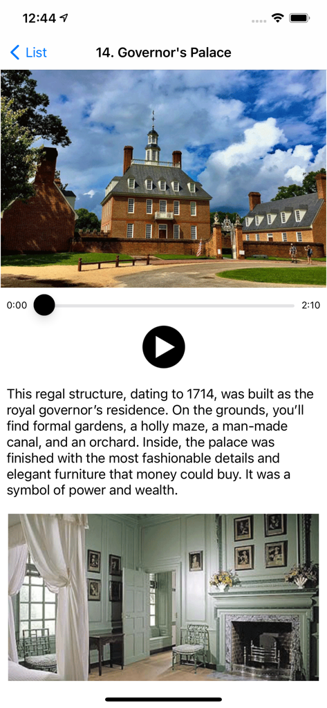Colonial Williamsburg History - Audio guide screen for the Governors Palace in Colonial Williamsburg featuring historical text and interior and exterior photos