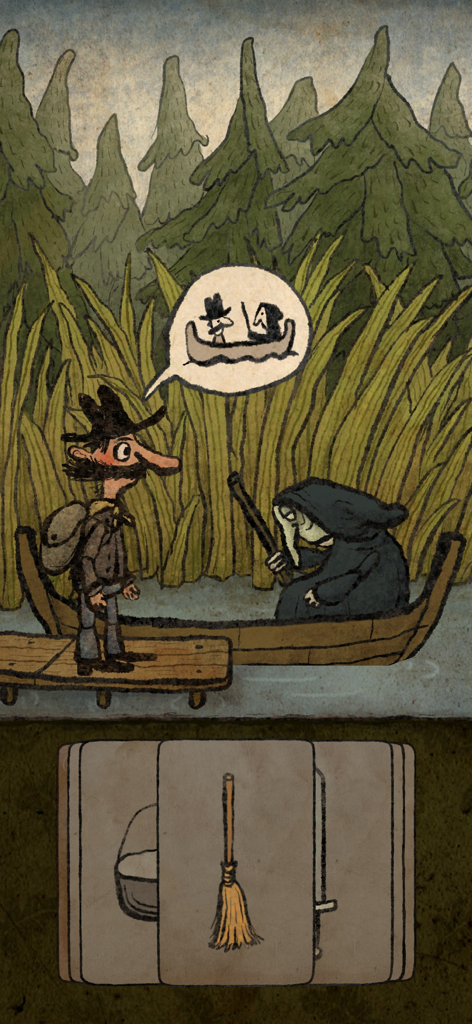 Pilgrims - A hand-drawn scene from Pilgrims where a character meets a boatman in a forest