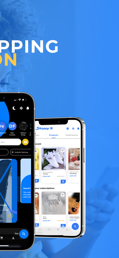 ShoppyMS: Shop Near You - Pantallas de teléfono móvil mostrando listados de productos de zapatos y ropa en la aplicación de compras local ShoppyMS