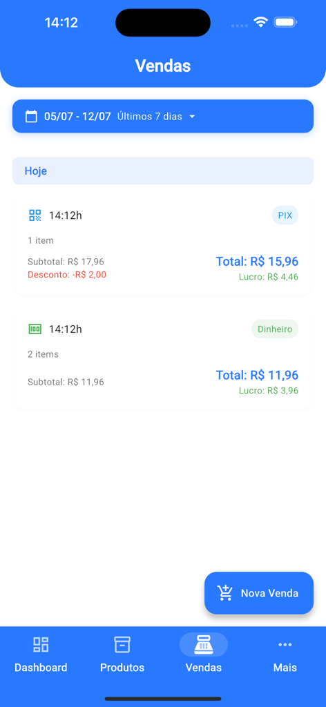 Controle de Estoque PDV - Interface de histórico de vendas exibindo valores de transação e dados de lucro.