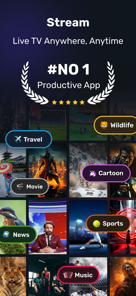 iPTV Smarters - Watch Live TV - IPTV Smarters app interface showing live TV streaming categories like news sports and movies