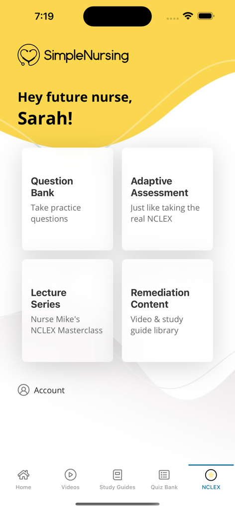 Nursing School & NCLEX Prep - Dashboard dell'app mobile SimpleNursing che mostra strumenti di preparazione all'NCLEX, inclusa una banca di domande e valutazioni adattive