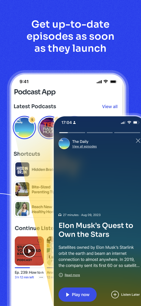 Podcast App - 最新エピソードと、テクノロジーとビジネスに関するニュースポッドキャストの詳細ビューが表示されたポッドキャストアプリのユーザーインターフェース
