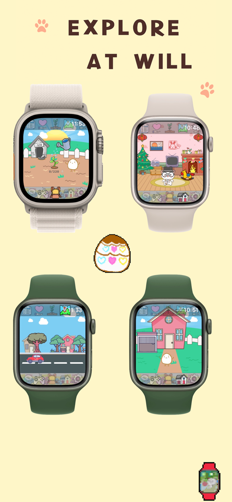 Peggy Cat - A Virtual Pet - Four Apple Watch screens showing different gameplay scenes like gardening and home decoration in the Peggy Cat virtual pet app.