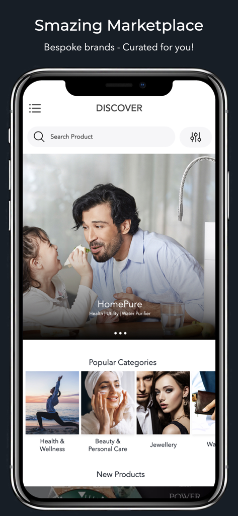 Smazing Marketplace - Smazing Marketplace mobile app interface showing luxury product categories and featured items