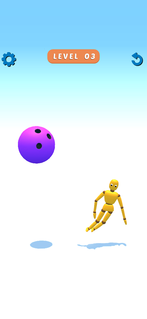 Ragdoll Games: Breaking Bones - Un muñeco ragdoll amarillo y una bola de bolos morada sobre un fondo azul simple en el Nivel 03 de un juego de romper huesos.