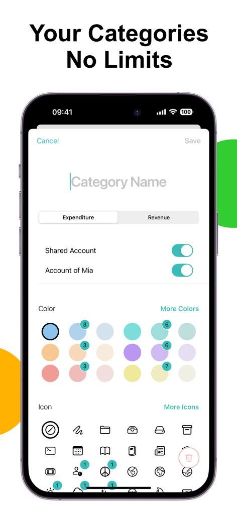 Budget & Expense Tracker Monee - Monee app screen showing options to customize budget categories with icons and colors