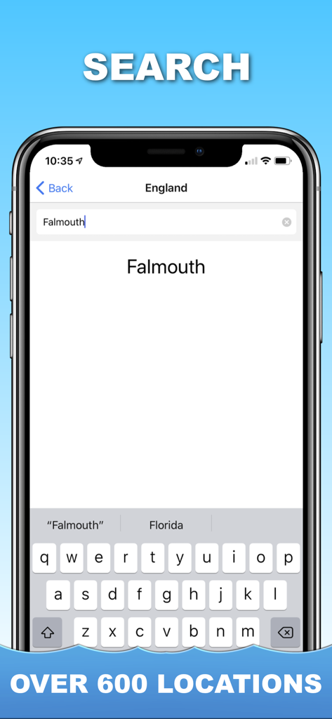 Tide Times UK - Search interface of the Tide Times UK app showing the search for coastal locations like Falmouth among over 600 options