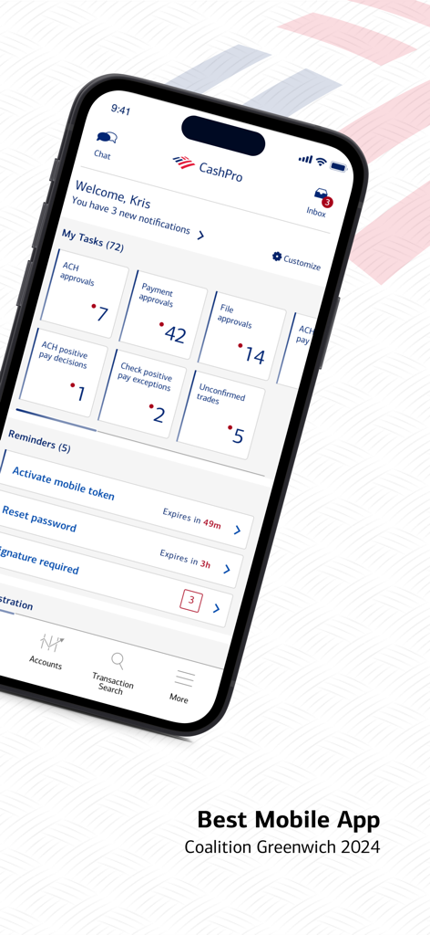 CashPro - Bank of America CashPro app home screen showing corporate finance tasks and payment approvals