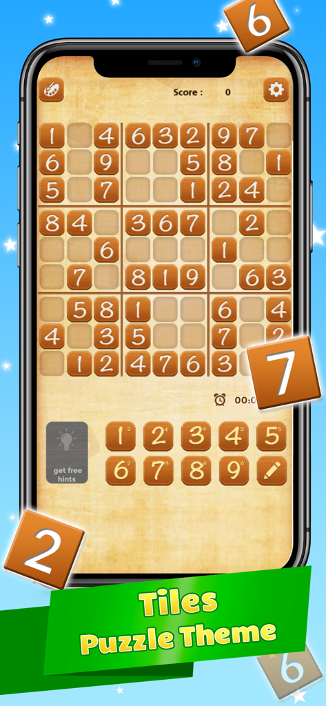 Sudoku IQ - Train your Brain - Sudoku IQ game interface showing the customizable Tiles puzzle theme on a smartphone screen.