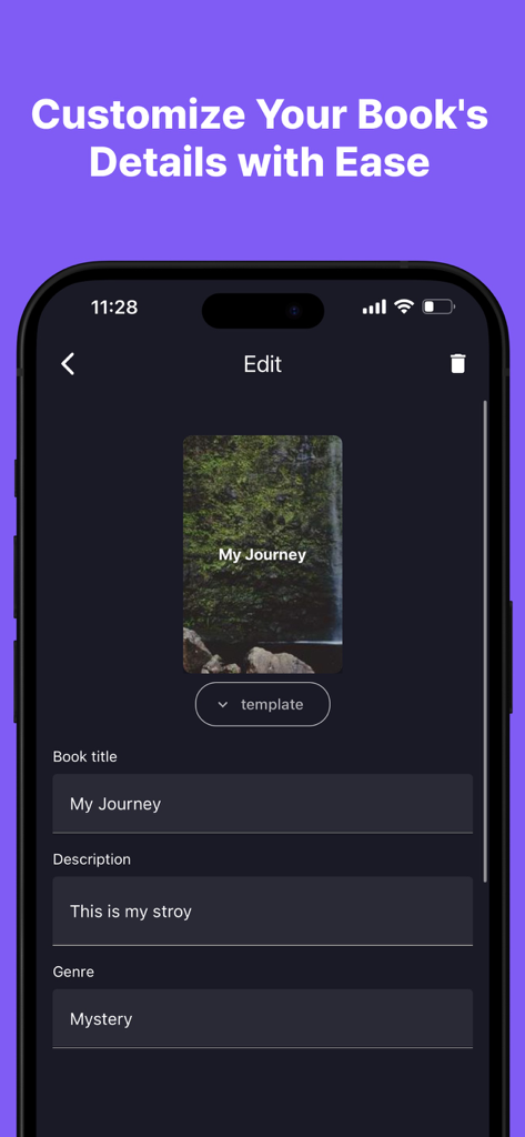 AI Book Writer - Story Maker - Mobile app interface for editing book details including title, description, and genre