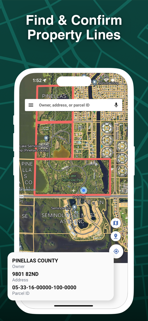 L'interface de l'application LandGlide affiche des cartes satellites des propriétés avec les limites mises en évidence et les détails d'identification des parcelles.