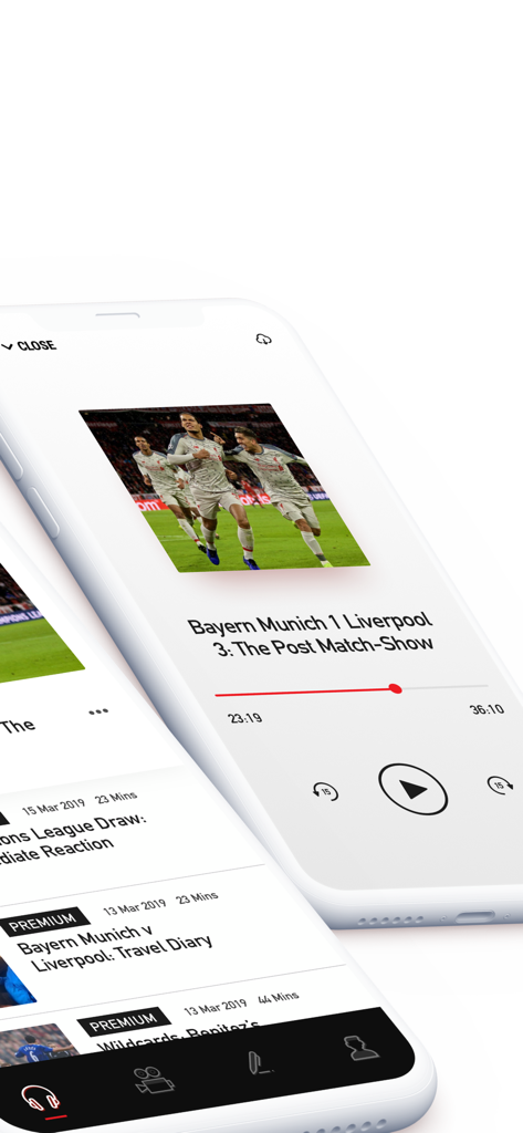 The Anfield Wrap - Interfaz de la aplicación The Anfield Wrap que muestra un reproductor de podcasts post-partido del Liverpool FC