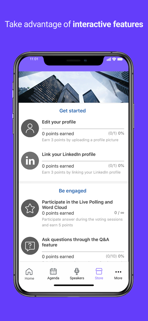 Tela de recursos interativos do aplicativo Horizon CME mostrando configuração de perfil e opções de engajamento