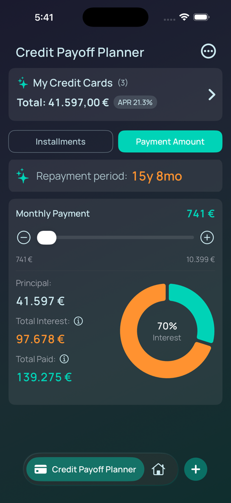 Credit card payoff planner screen showing debt repayment period and interest visualization chart