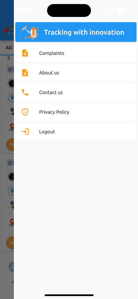 Side menu of the U Track Pro vehicle tracking app with navigation links for complaints, about us, and contact us.