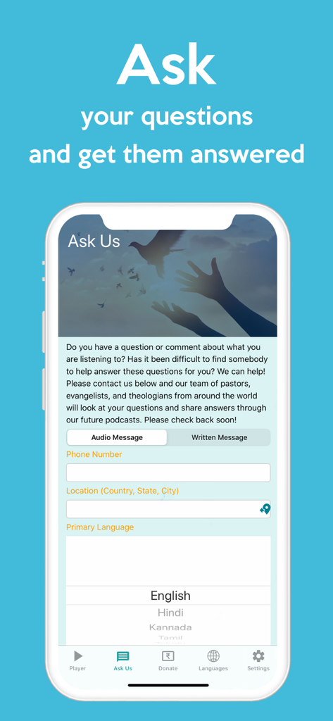 HUM Audio Bible App interface for submitting spiritual questions to pastors and theologians