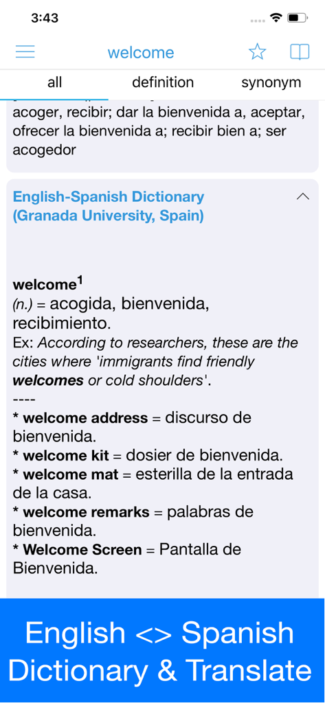 Spanish Dictionary - Dict Box - Spanish Dictionary app showing the English to Spanish translation for the word welcome with examples and phrases