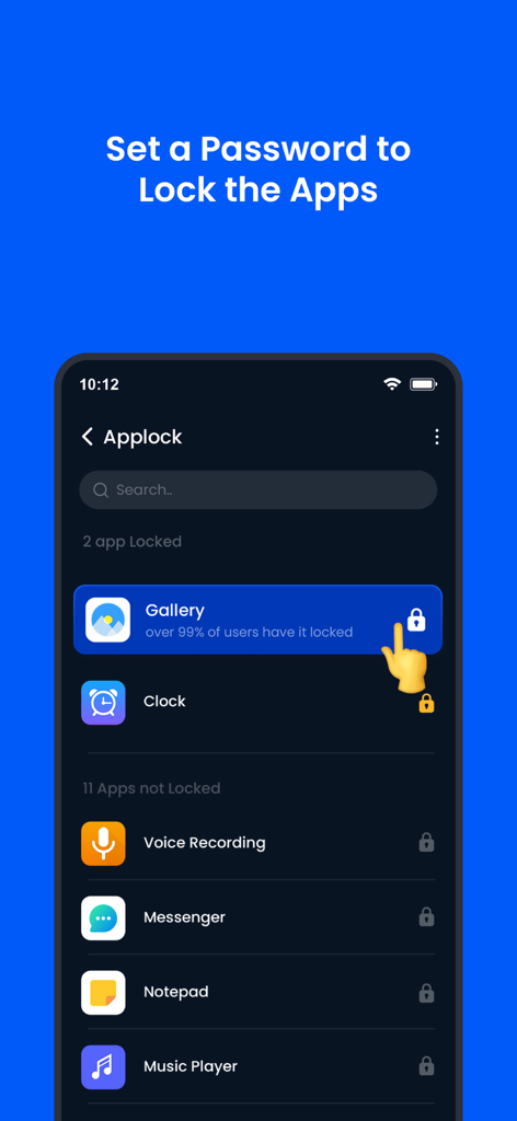 HideU - Calculator Locker - App interface for HideU showing how to lock mobile applications like the gallery and messenger with a password for privacy.