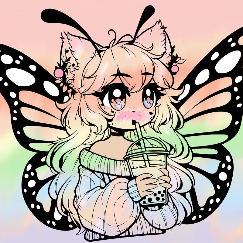 a realistic butterfly/furry girl drinking boba