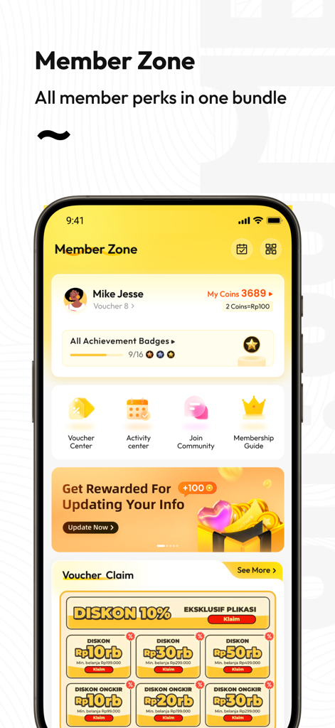 Dashboard della Zona Membri dell'app OH!SOME con premi per gli utenti, badge di completamento e buoni sconto.
