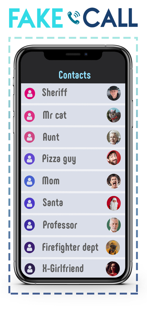 Fake Call app contacts list showing presets like Sheriff Santa and Pizza guy for prank calls