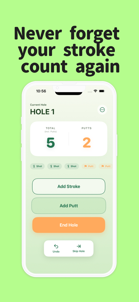 Now Stroke - Interfaz de la aplicación contador de golf Now Stroke para rastrear golpes y putts durante una ronda.