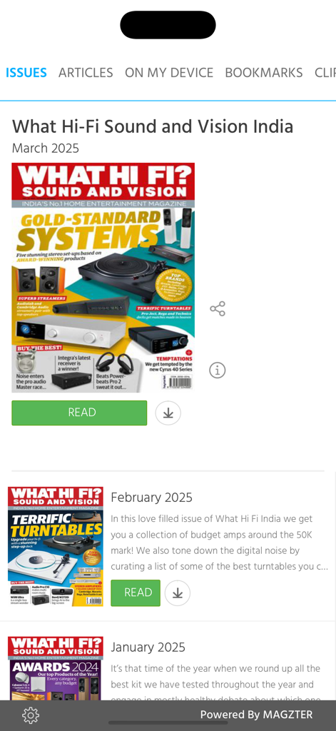 What Hi-Fi Sound and Vision - Una lista de números de revistas digitales para What Hi-Fi Sound and Vision mostrada en una interfaz de aplicación móvil.