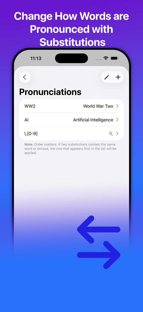 WebOutLoudアプリでの単語の発音と置換をカスタマイズするためのインターフェース