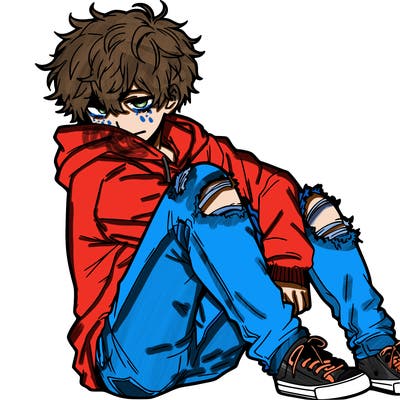 a male hoddie ripped jeans messy hair anime