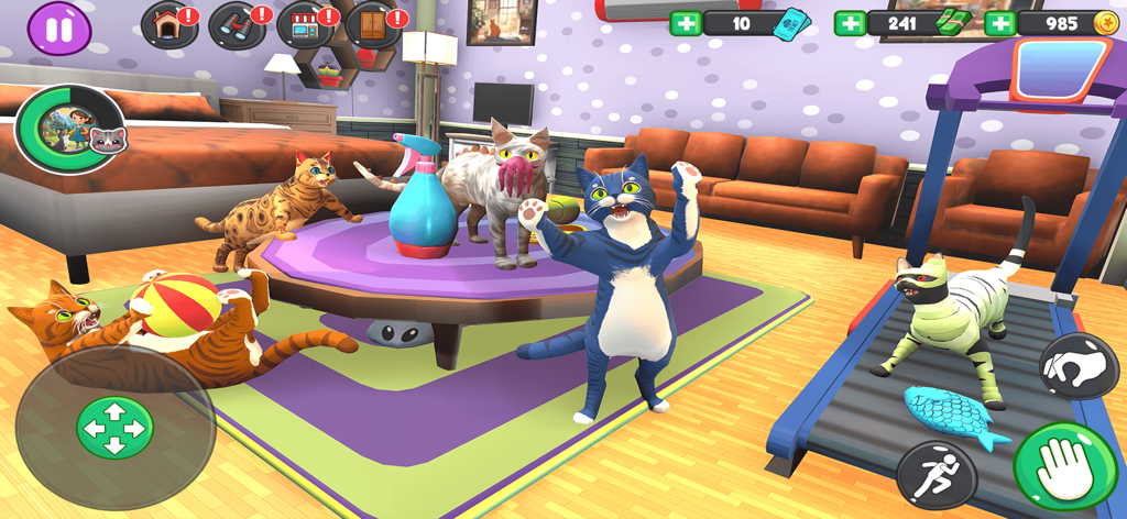 Multiple virtual cats playing with toys and a treadmill in a decorated room