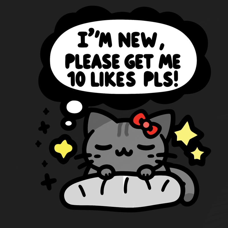 kitty taking a nap dream talking and saying "i'm new, please get me at least 10 likes pls!!"