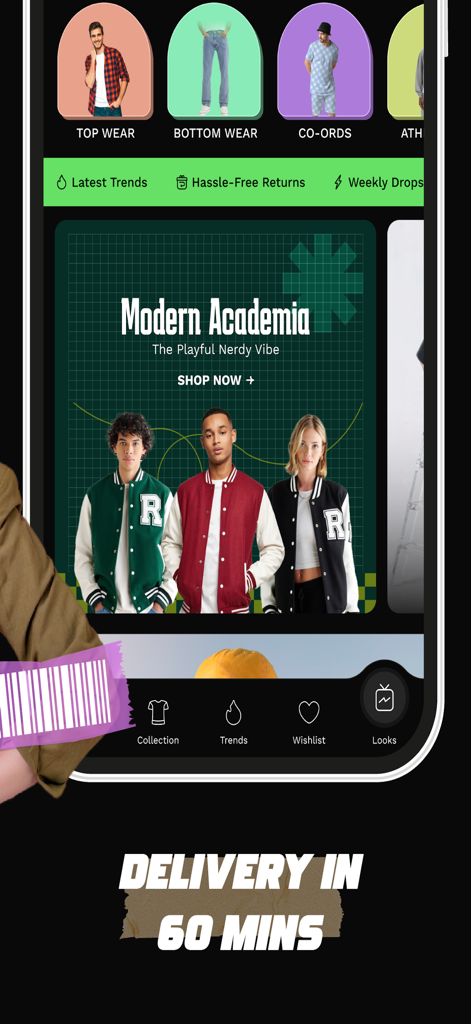 Interfaz de la aplicación móvil Slikk destacando colecciones de moda de moda y servicio de entrega de sesenta minutos