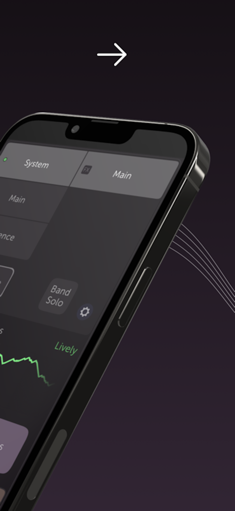 iPhone上のSonnox ListenHubアプリのインターフェース。プロフェッショナルオーディオモニタリングとバンドソロコントロールが表示されています。