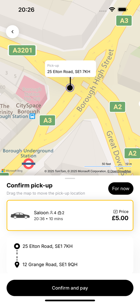 Yellow Star Taxis - Yellow Star Taxis mobile app interface showing a confirm pick-up screen with a map and fare estimate for a saloon car ride