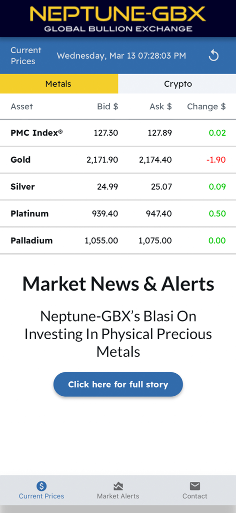 Neptune GBX - Neptune GBX app interface displaying real-time precious metals spot prices and market news alerts