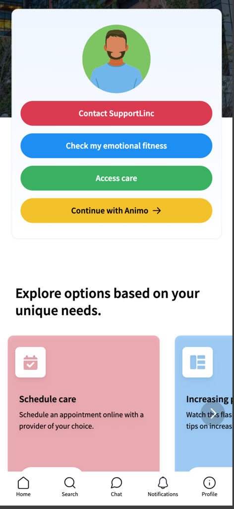Interfaz de la aplicación móvil eConnect que muestra opciones de salud mental y programa de asistencia al empleado, que incluyen programación de atención y controles de estado físico emocional.
