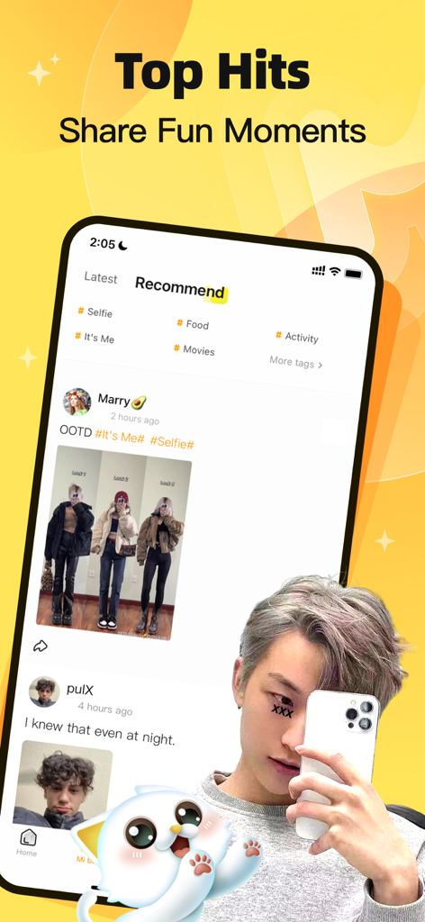 MIYA social app interface showing the Top Hits feed where users share photos and browse trending topics